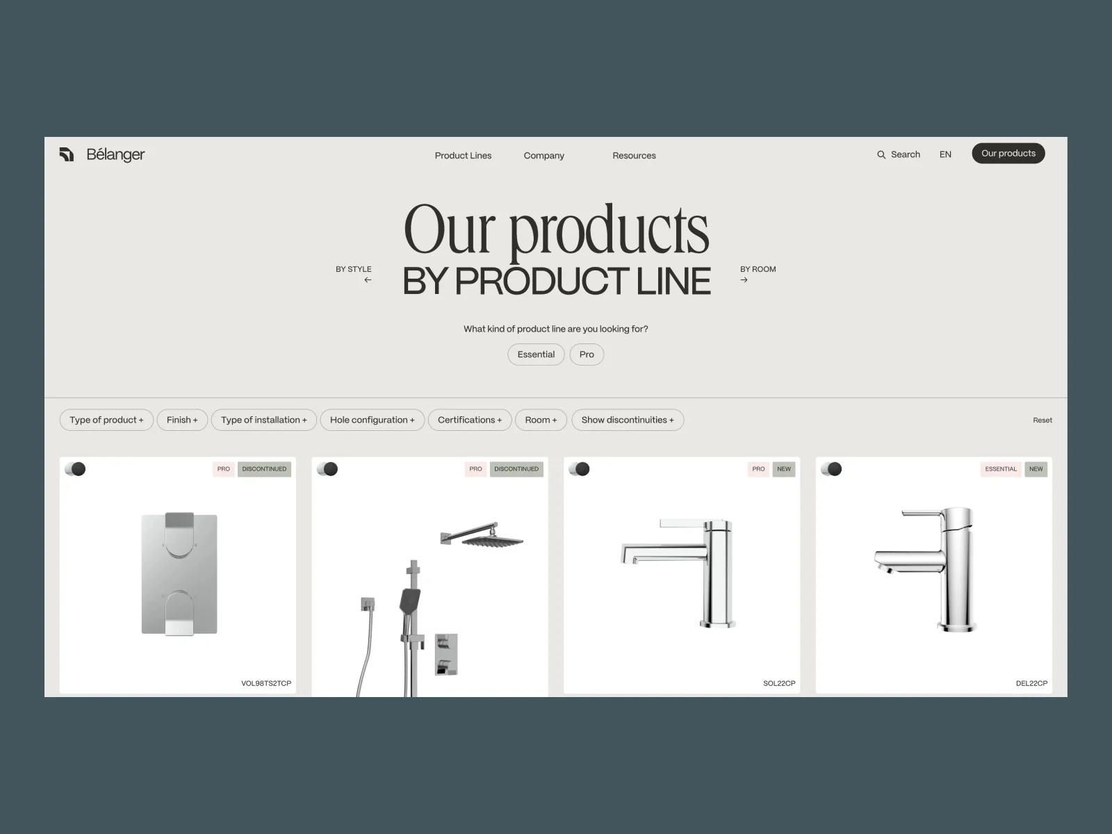 Bélanger product catalogue screenshot with product line choices, installation and finish filters and model-coded cards
