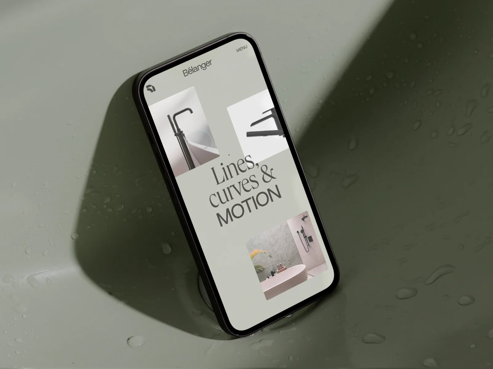 Bélanger phone mockup on a wet sage surface with product imagery and large mixed-style typography
