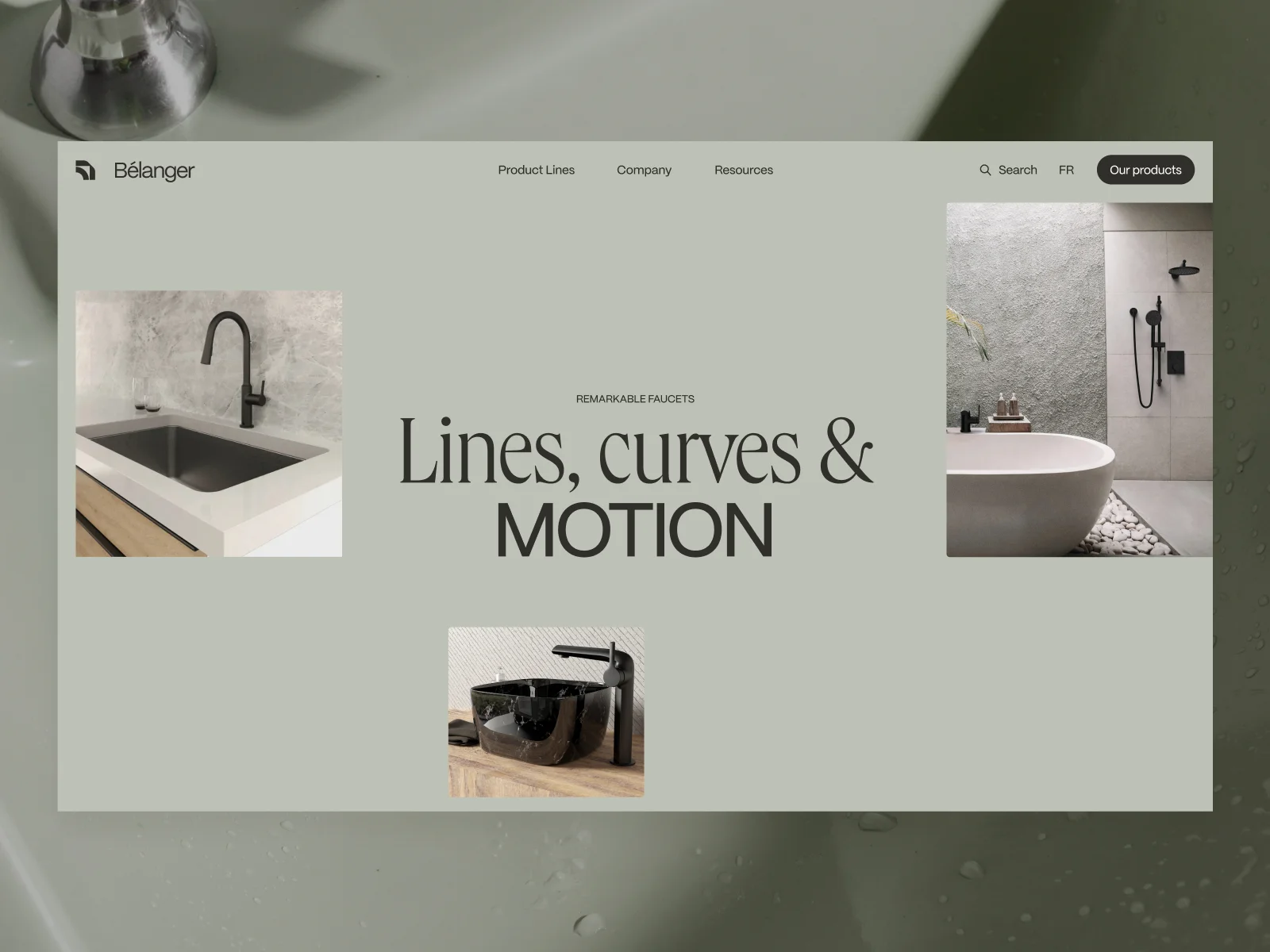 Bélanger desktop opening with sage background, installed faucet images and serif and sans serif headline
