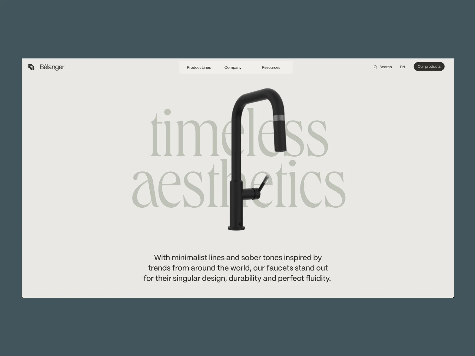 Isolated black Bélanger faucet against a pale background with large serif lettering