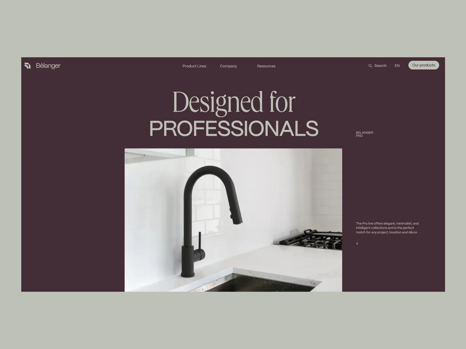 Bélanger Pro product line header with burgundy background and a faucet installation photograph