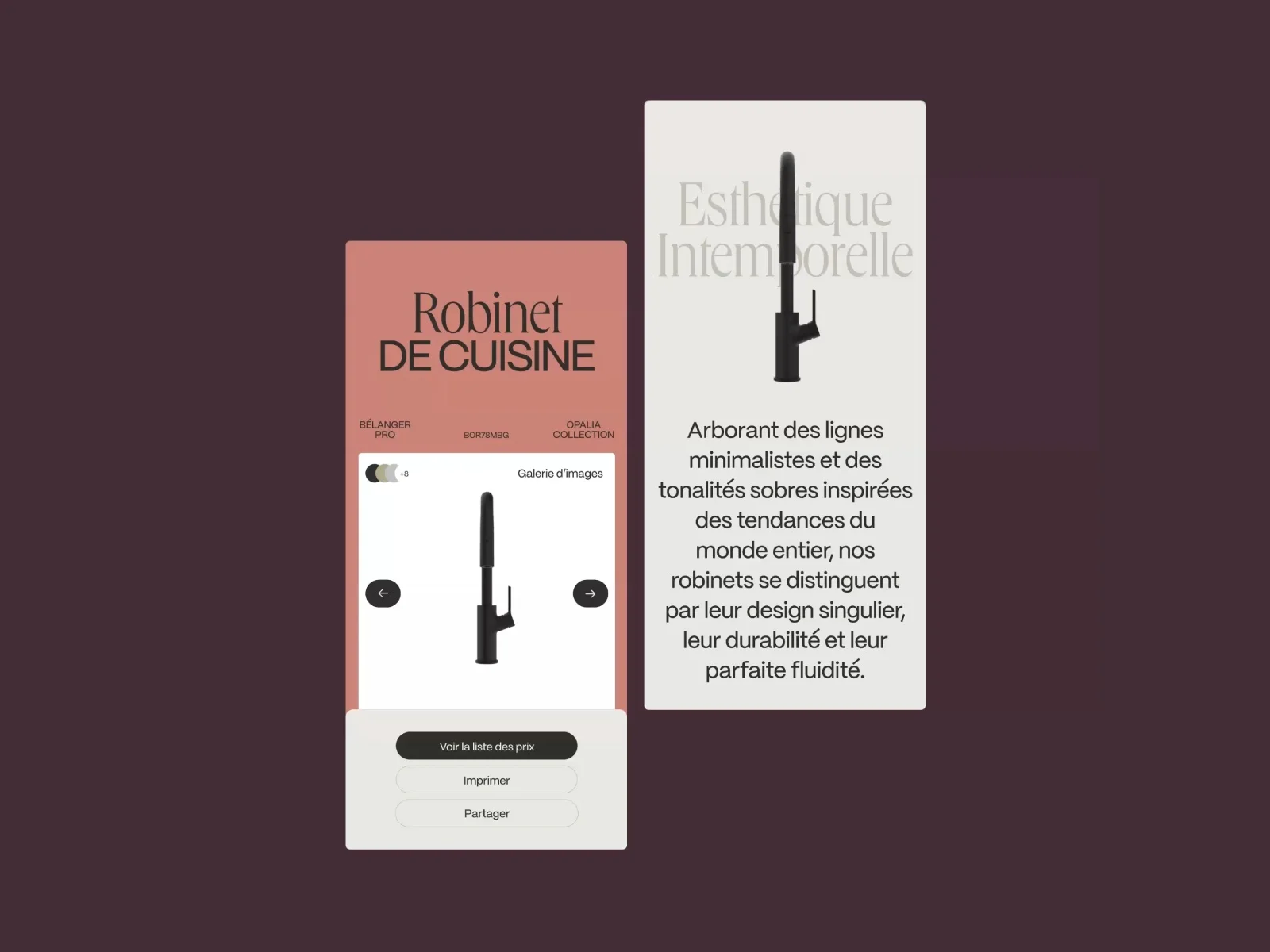 Bélanger mobile product design with finish options, gallery arrows and price list print and share actions