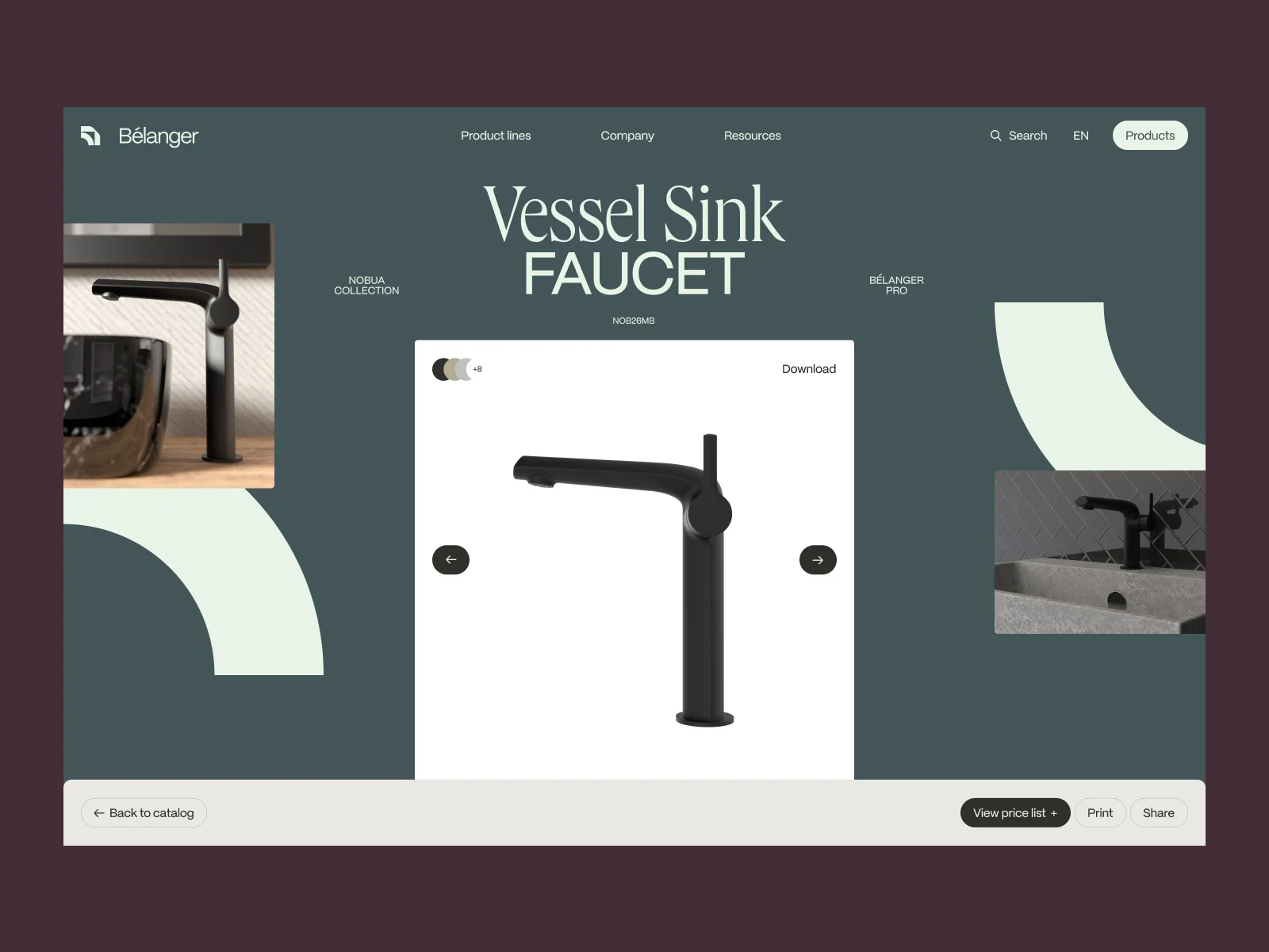 Bélanger desktop product header with model reference, finish swatches, gallery and document actions