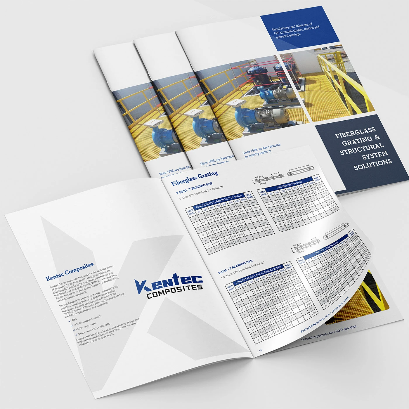 Kentec grating catalogue mockup with blue header load tables, engineering diagrams and industrial application covers