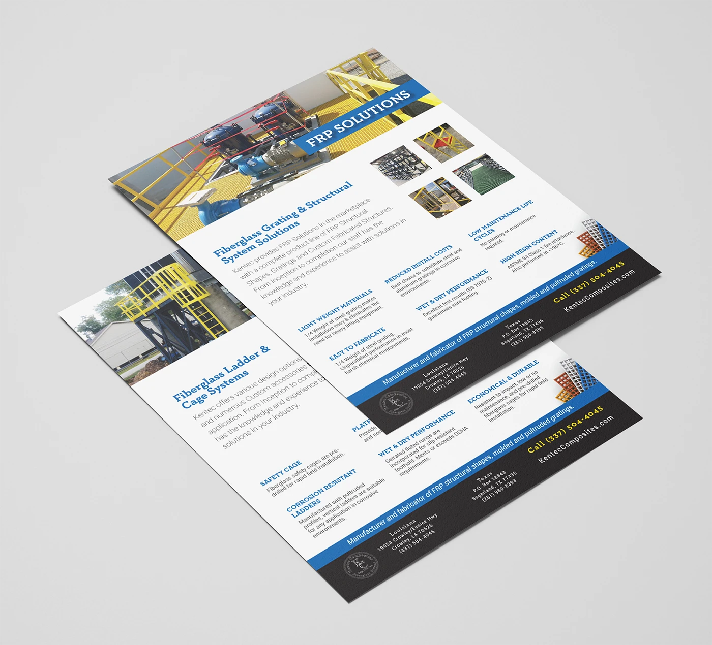 Kentec supporting sales sheet mockups with matching blue headings and industrial product photography