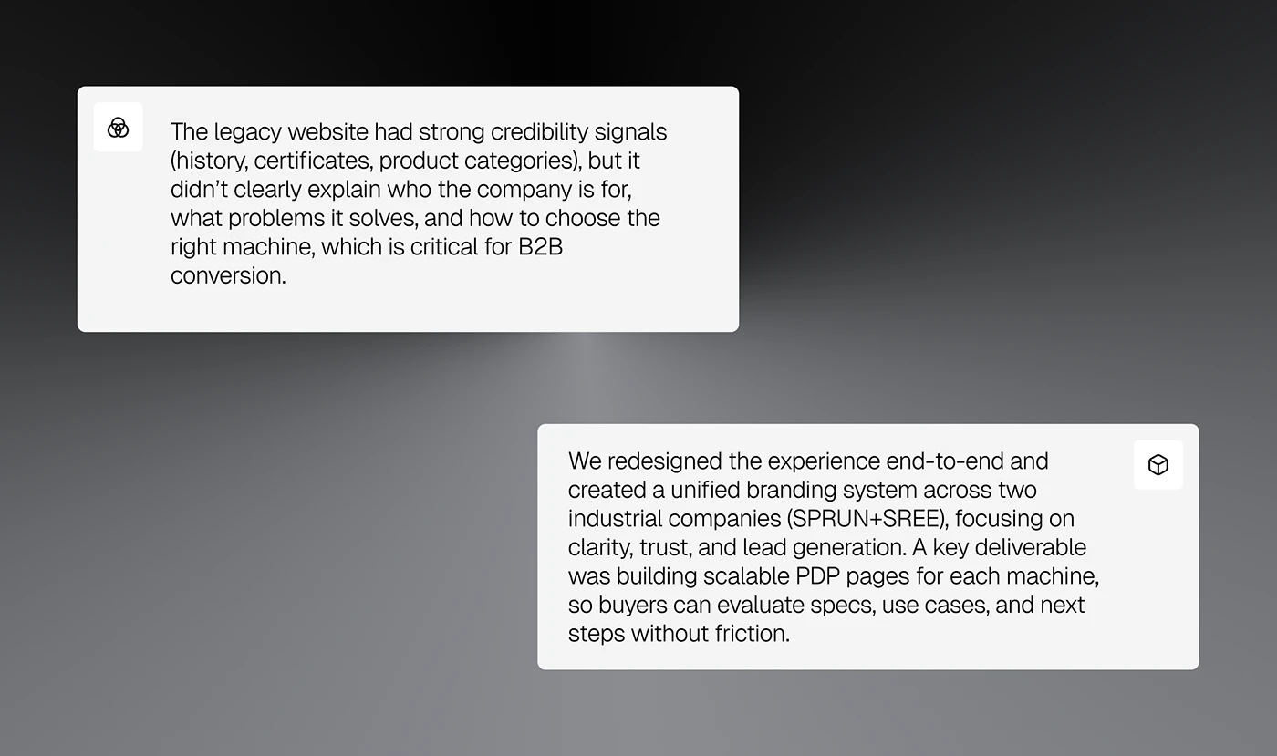 Sirui project commentary board describing positioning, related brands and reusable machine product pages