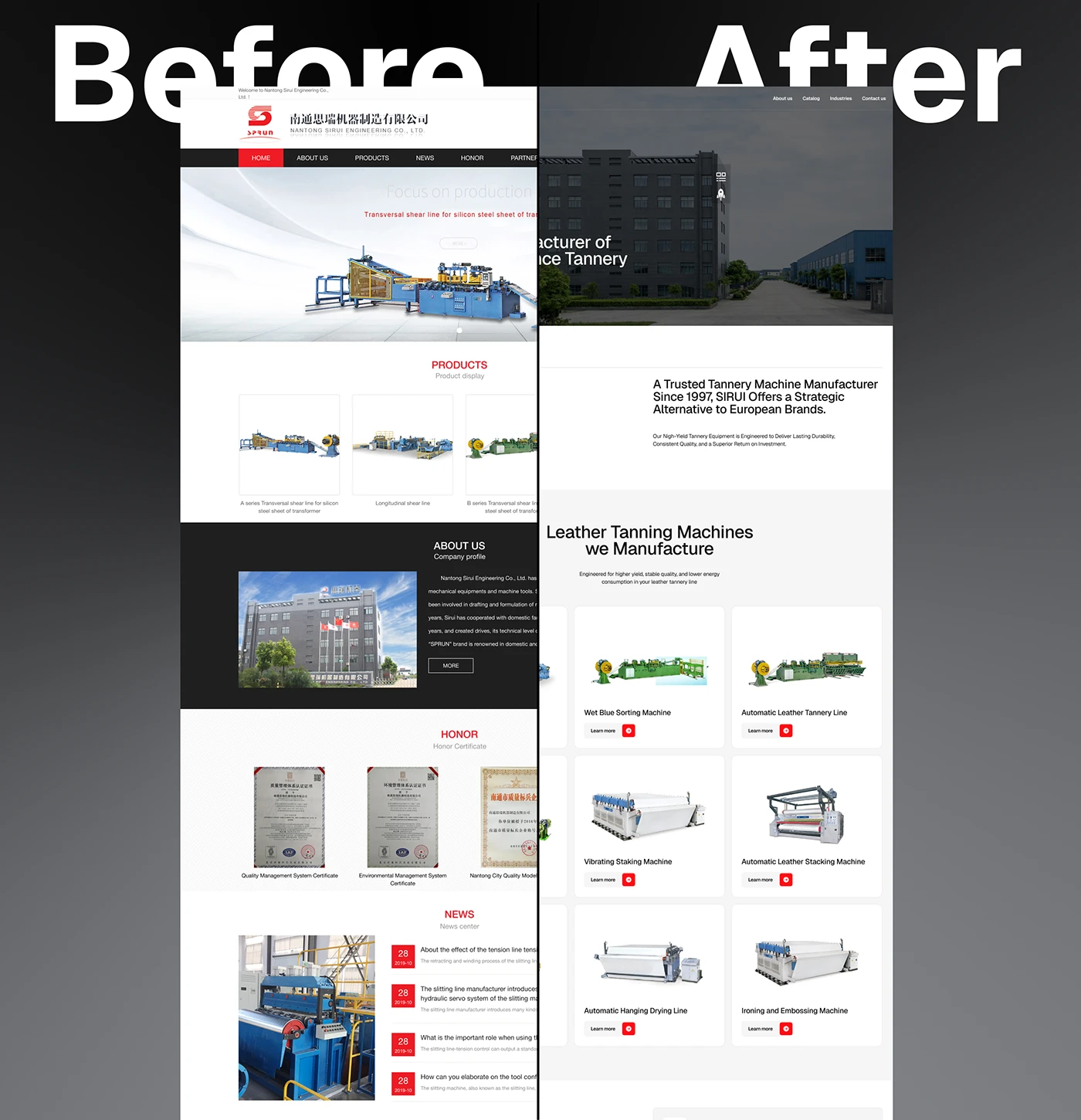 Sirui before and after website presentation with a redesigned six-card machinery collection