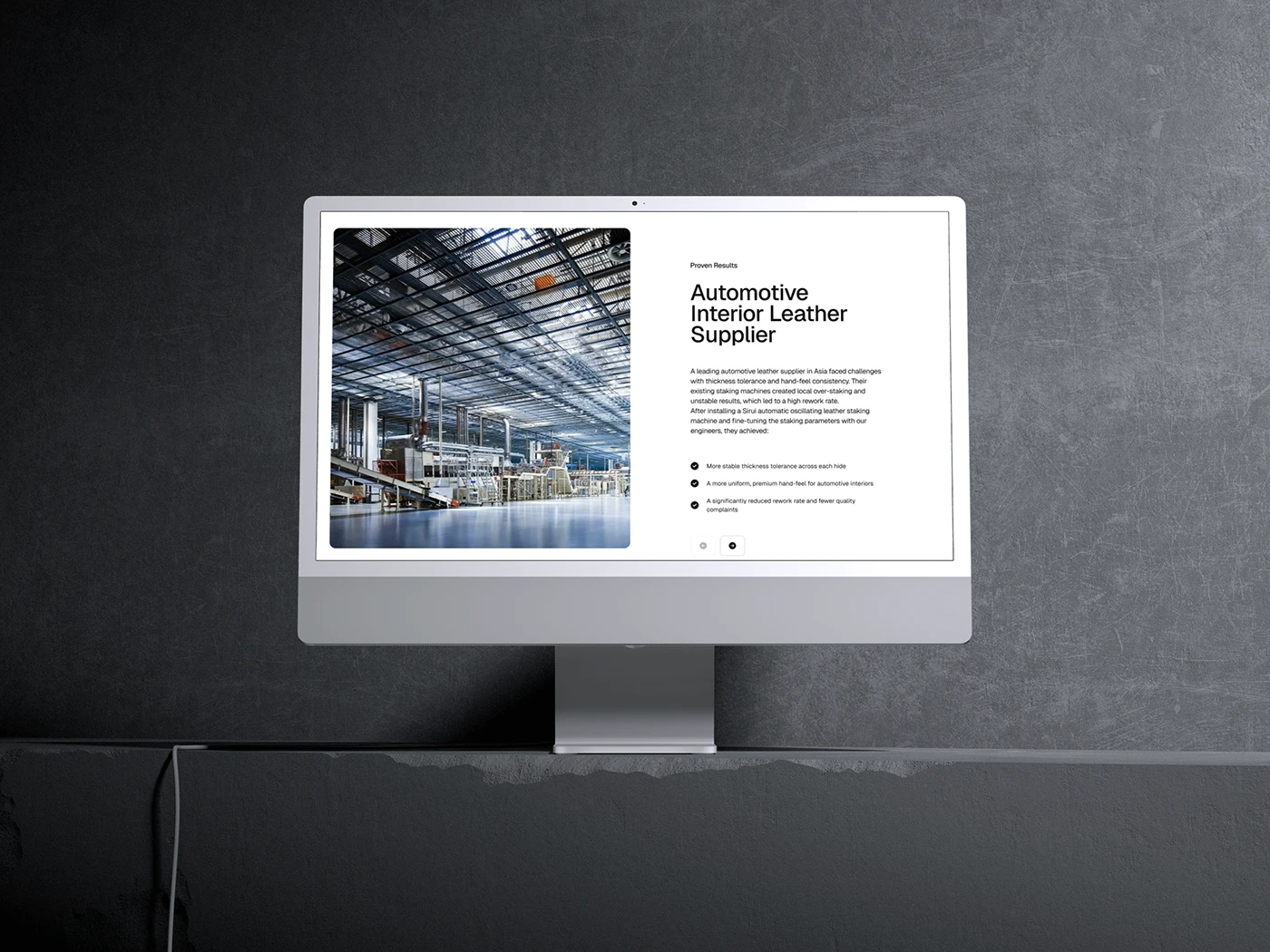 Sirui application case-study mockup with a factory photograph and customer context