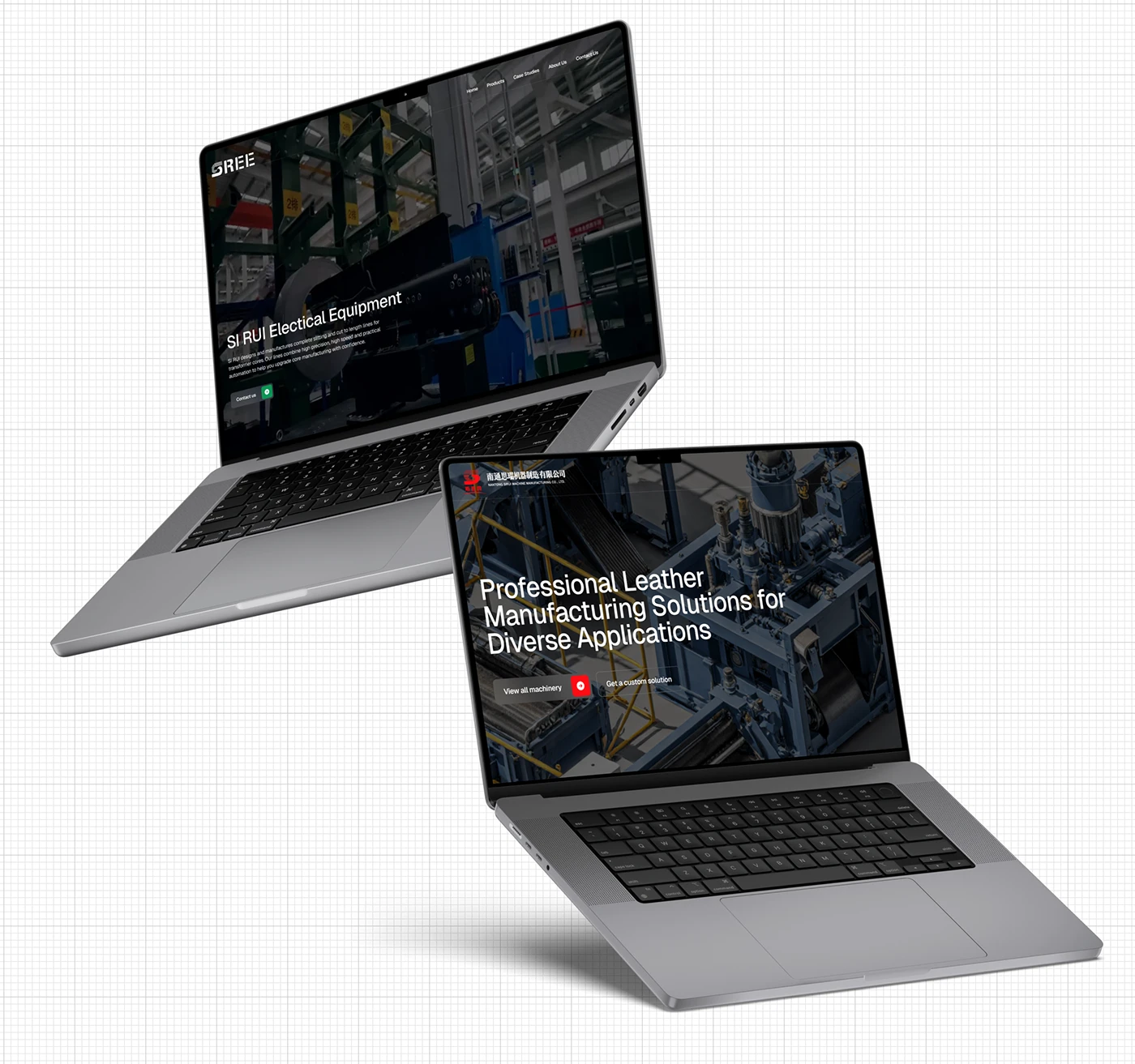Two laptop mockups showing related Sirui electrical equipment and leather machinery website presentations