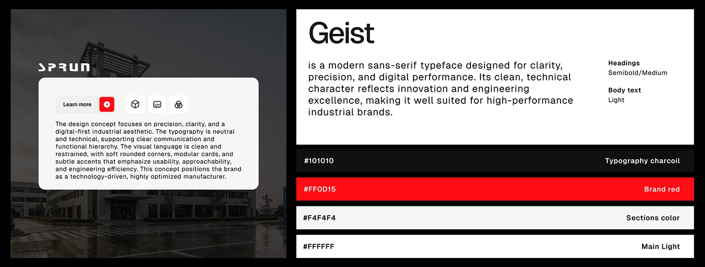 SPRUN design-system board with Geist typography, rounded cards and red action accents