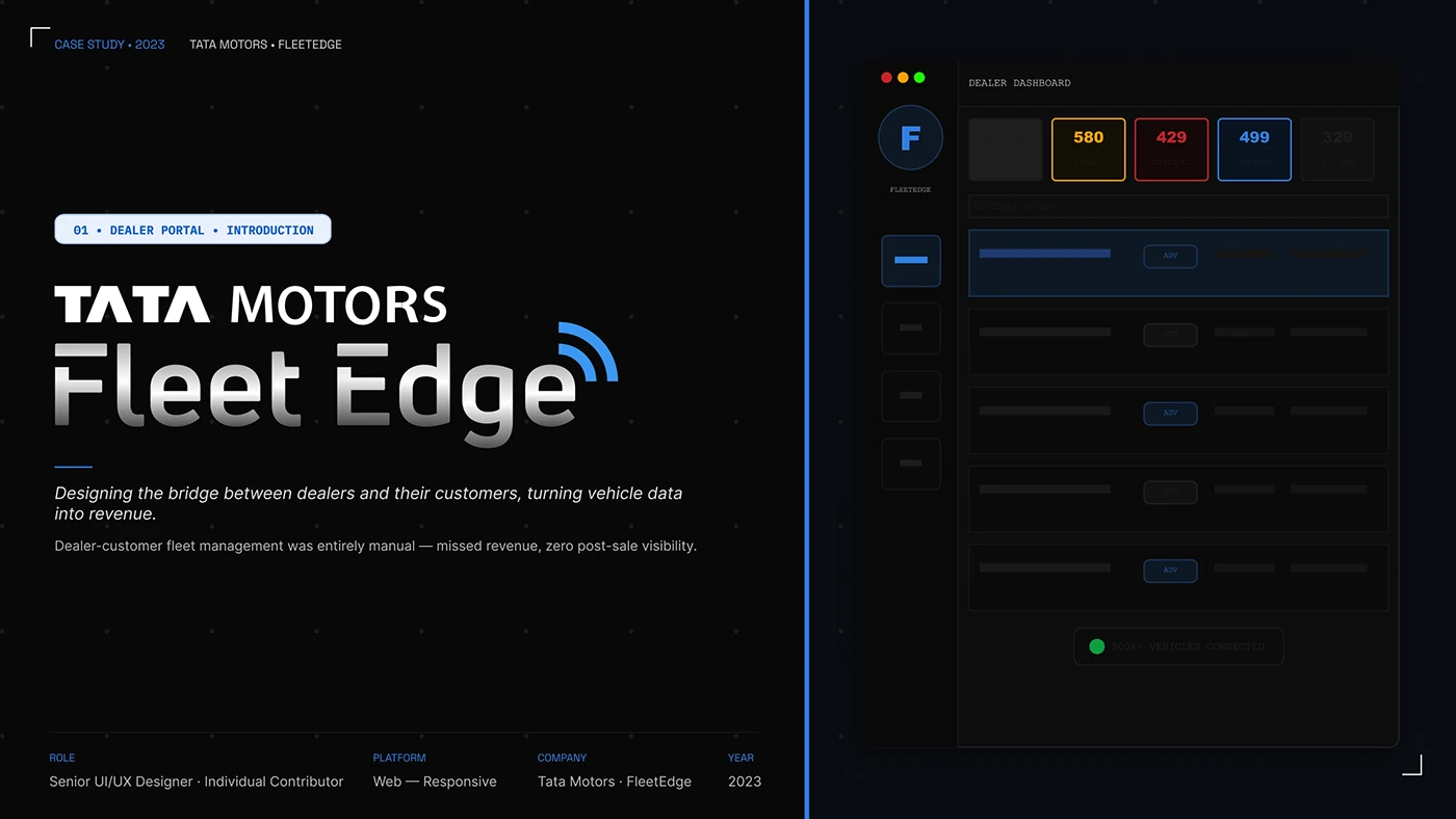 FleetEdge dealer portal project cover with dashboard preview and Tata Motors identity
