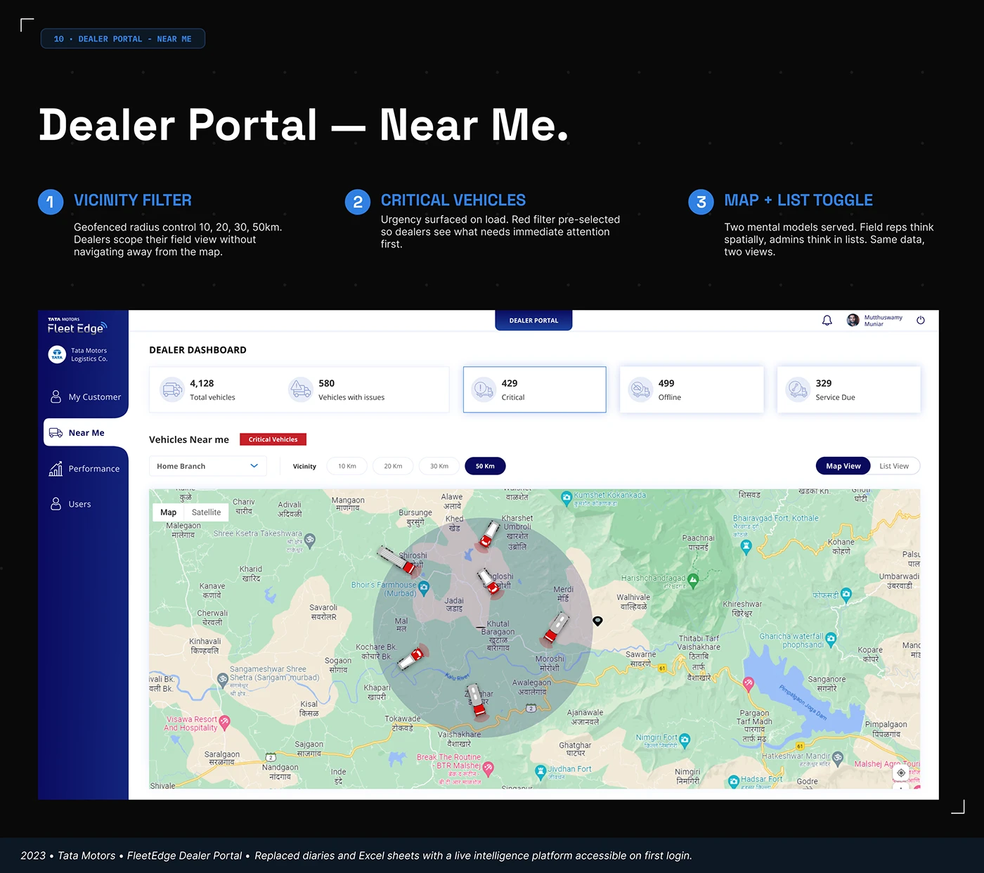 FleetEdge Near Me map screen with branch distance and critical vehicle filters