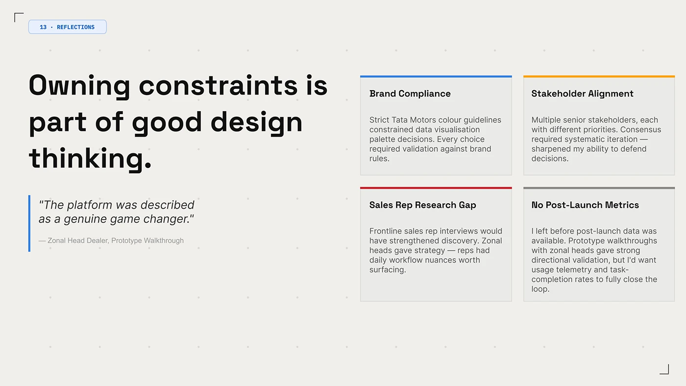 FleetEdge designer reflections identifying unavailable post-launch metrics and a sales representative research gap