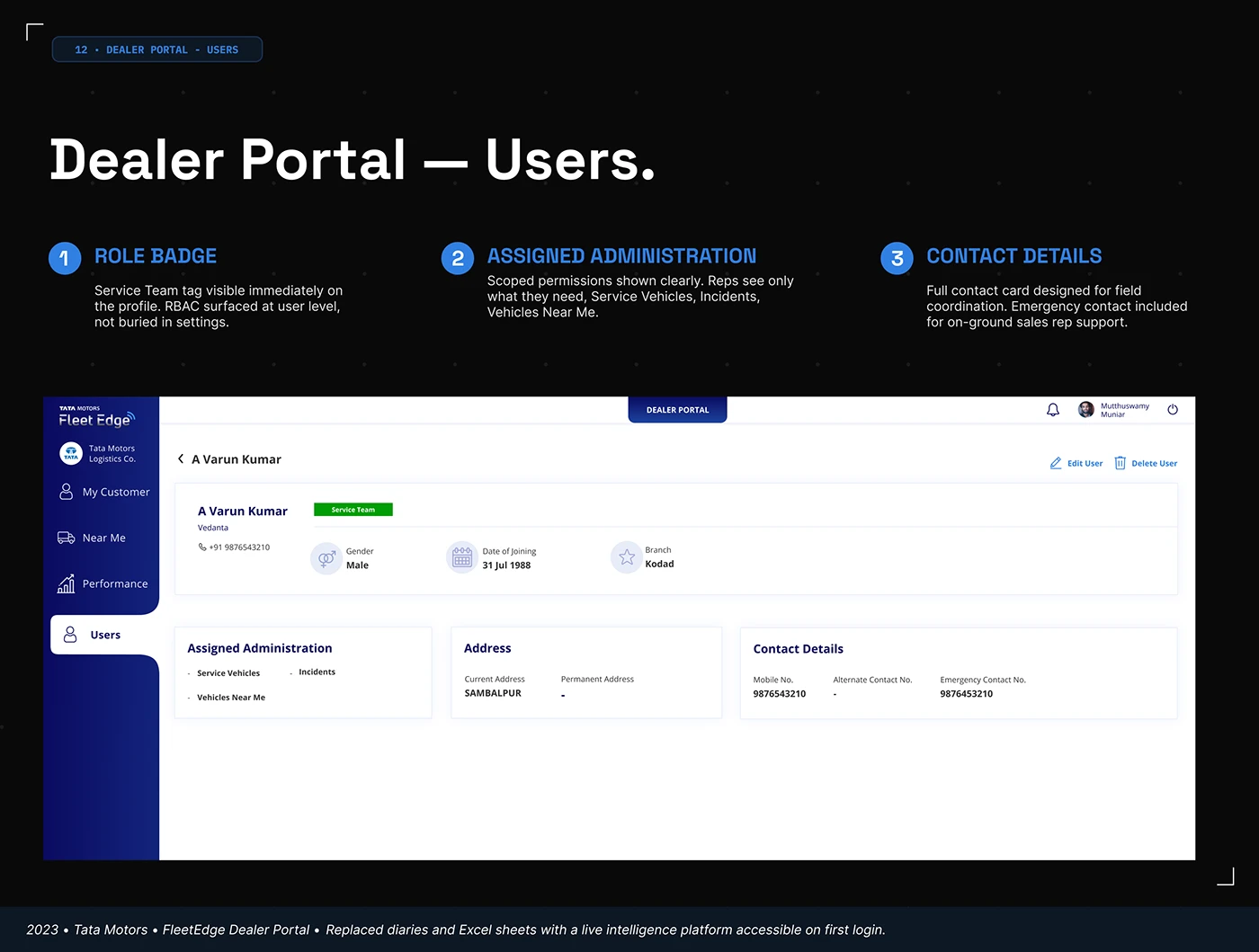 FleetEdge Users profile layout with service team role badge and account administration controls