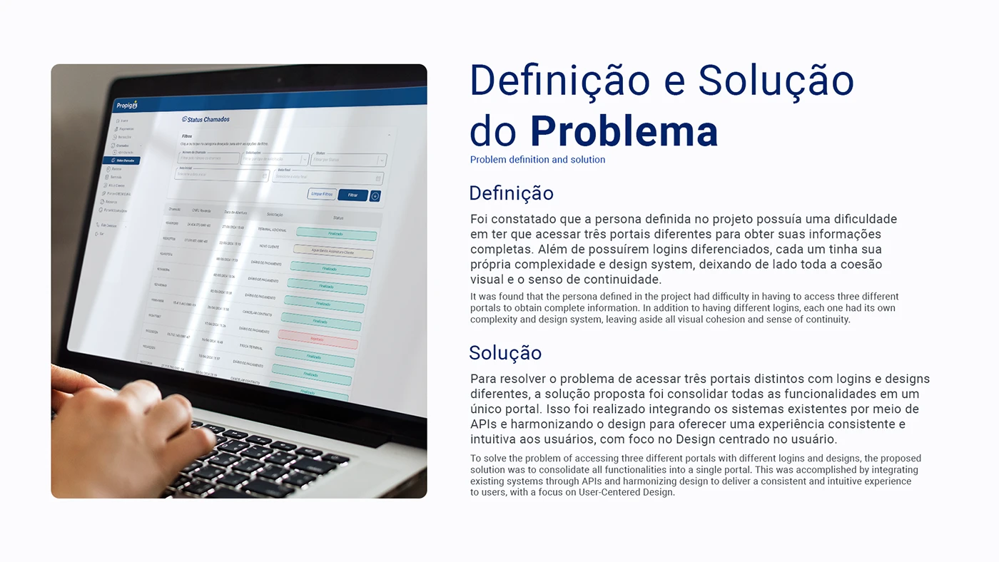 Propigô proposal board explaining consolidation of three portals with a request status screen