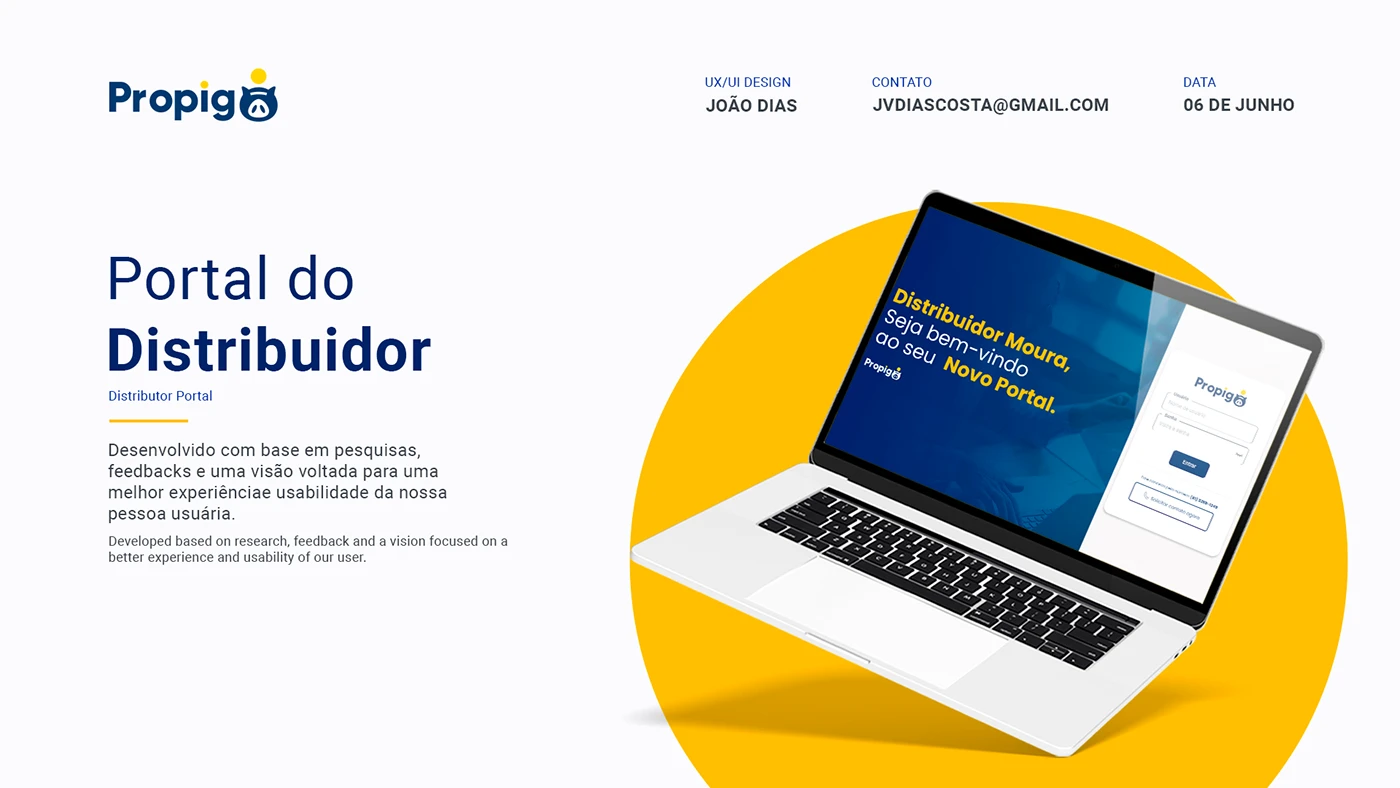 Propigô distributor portal cover with navy yellow branding and login screen on a laptop