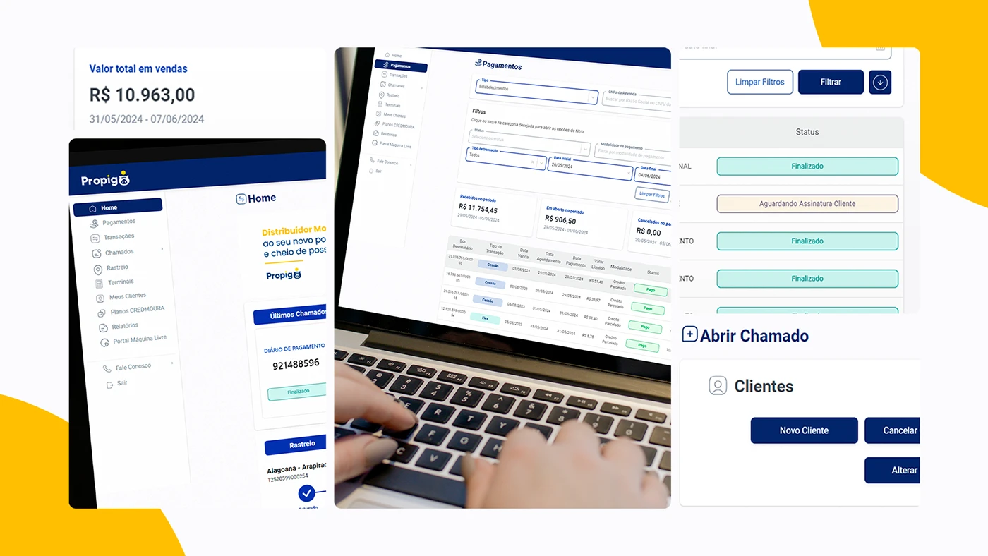 Propigô request and customer detail montage showing status labels and editing controls
