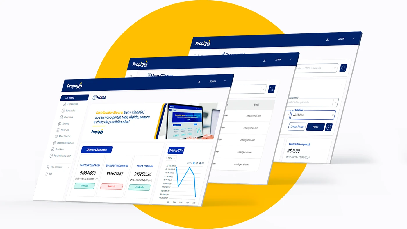 Propigô layered interface screens showing home customer records and payment controls