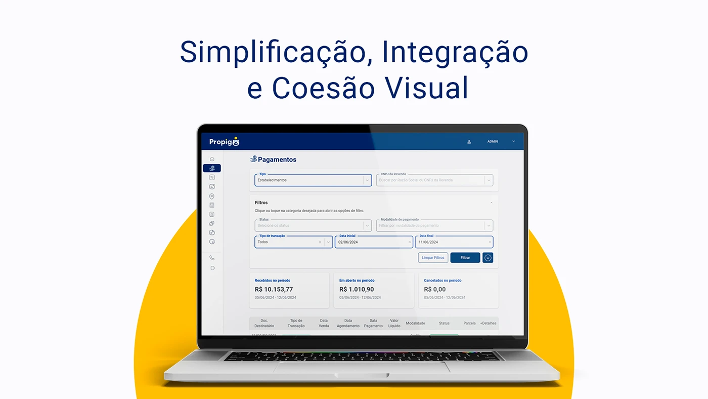 Propigô payment screen with partner transaction type modality date filters totals and records