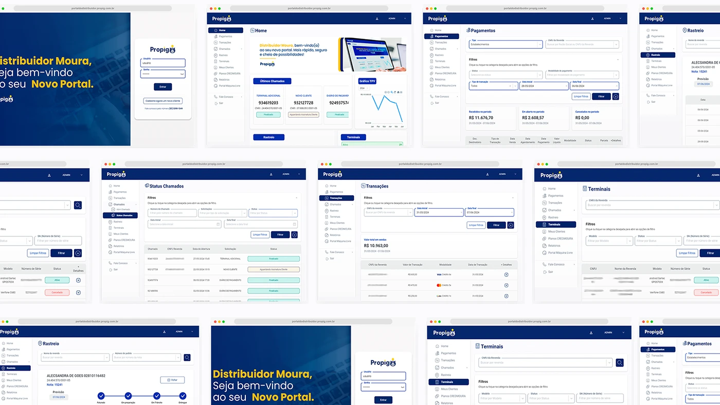 Propigô screen collage with login payments request tracking transactions and terminal records