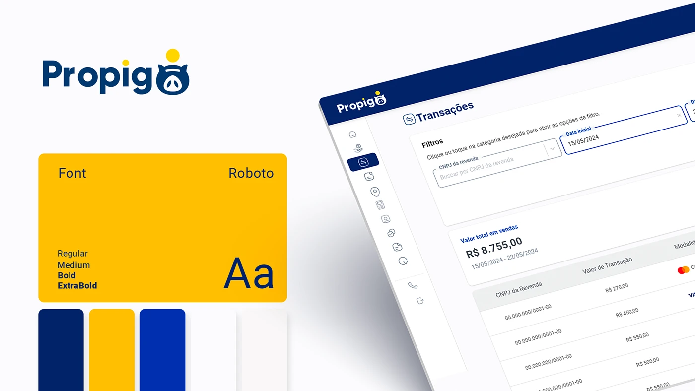 Propigô interface identity board showing Roboto weights blue yellow white palette and transaction screen