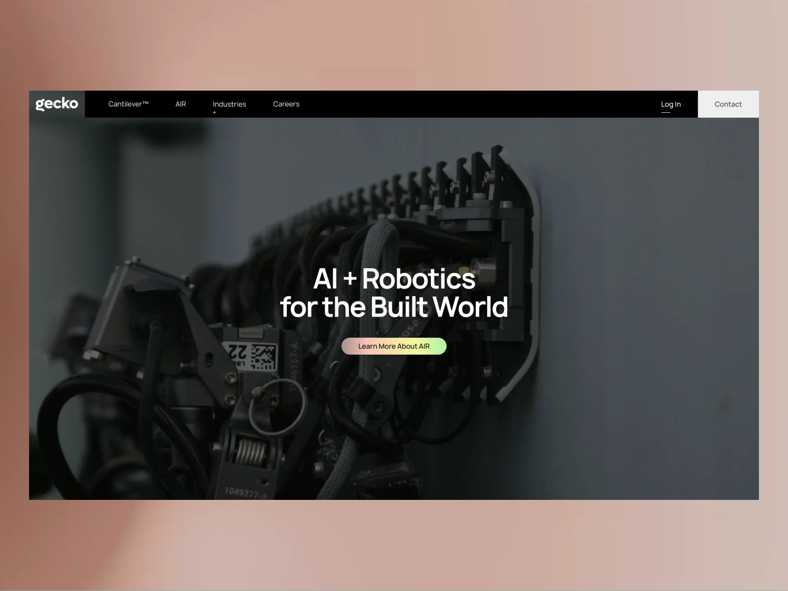 Gecko Robotics website presentation with a dark mechanical image, centred white headline and distinct product and contact routes