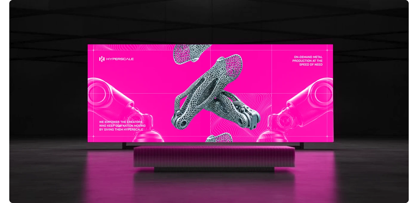 Hyperscale billboard mockup with robot arms and a lattice metal component on a magenta technical grid