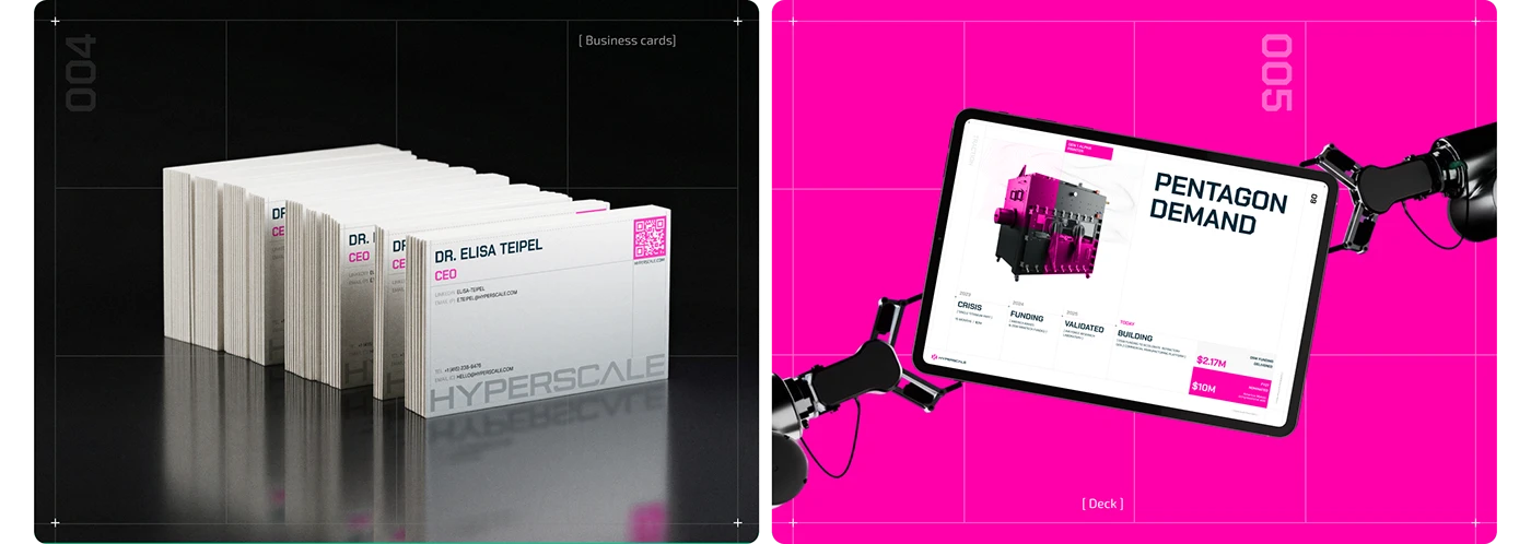 Hyperscale printed business card mockups beside a tablet sales presentation held by robot arms