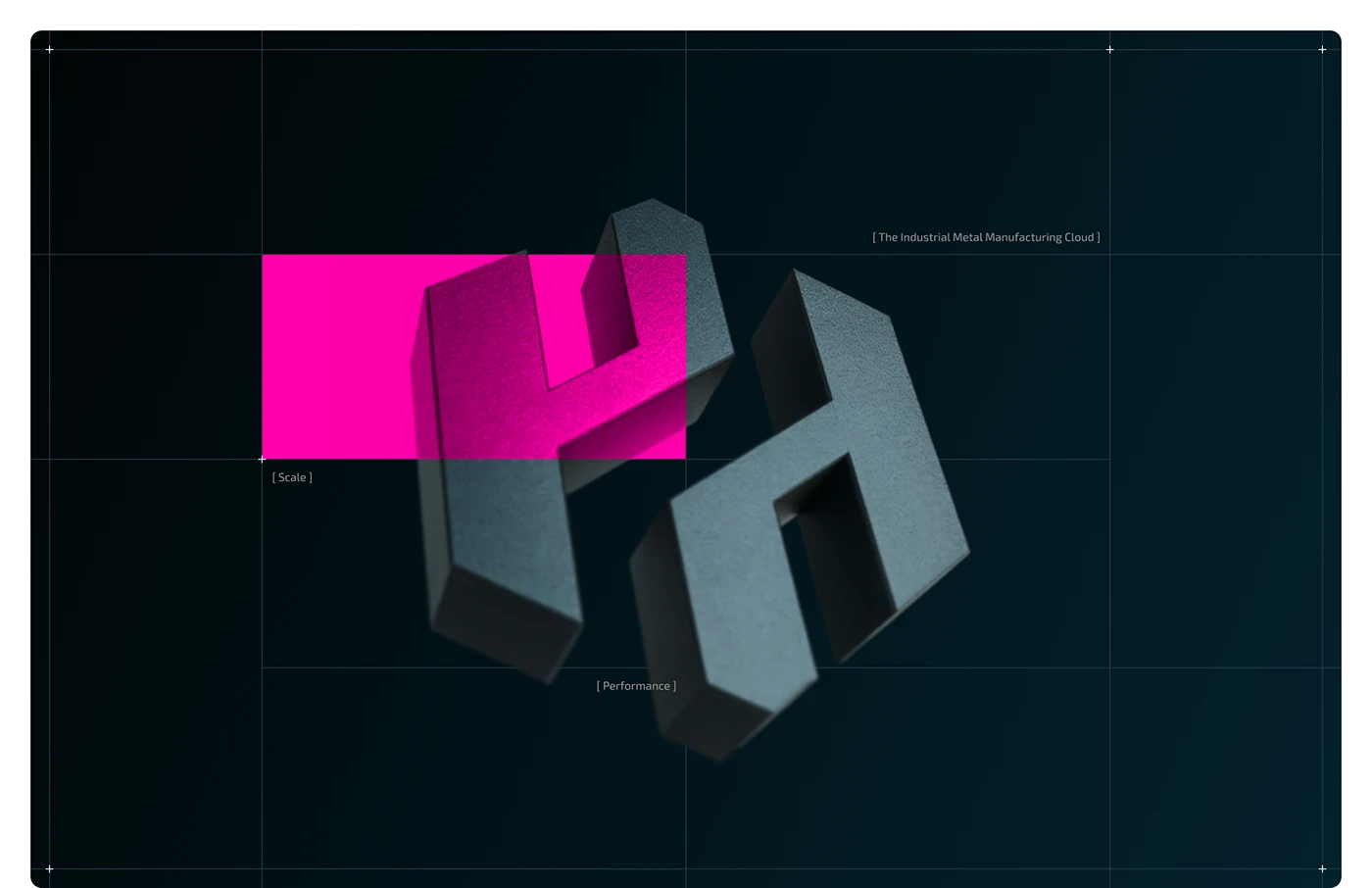 Hyperscale identity presentation showing a dimensional metal H on a dark grid with a magenta graphic overlay