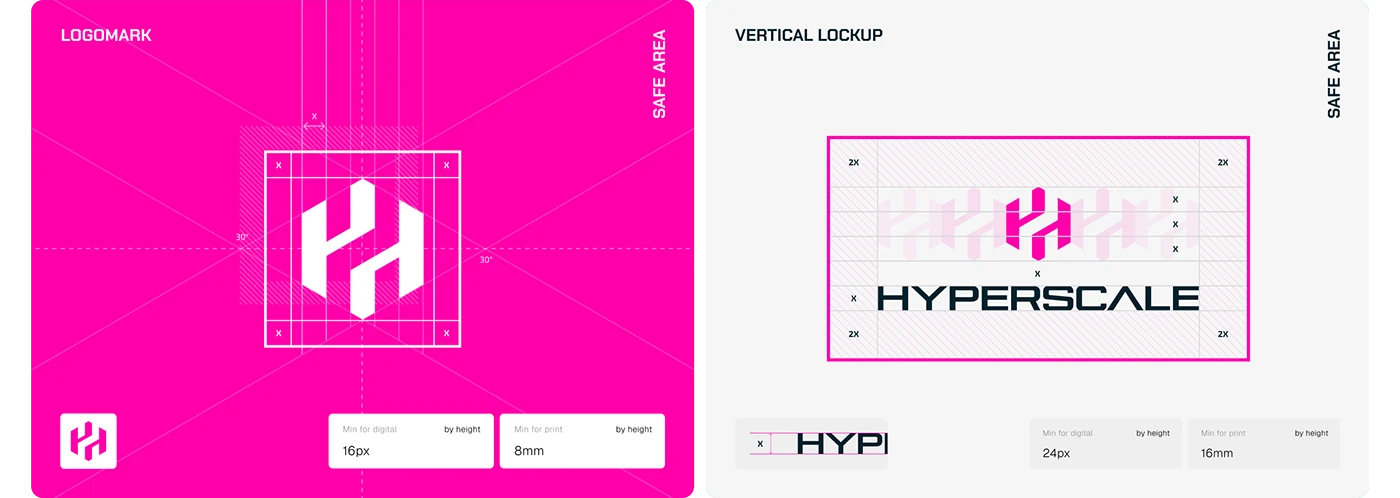 Hyperscale logo lockup and small-size examples with construction guides on a white and magenta board