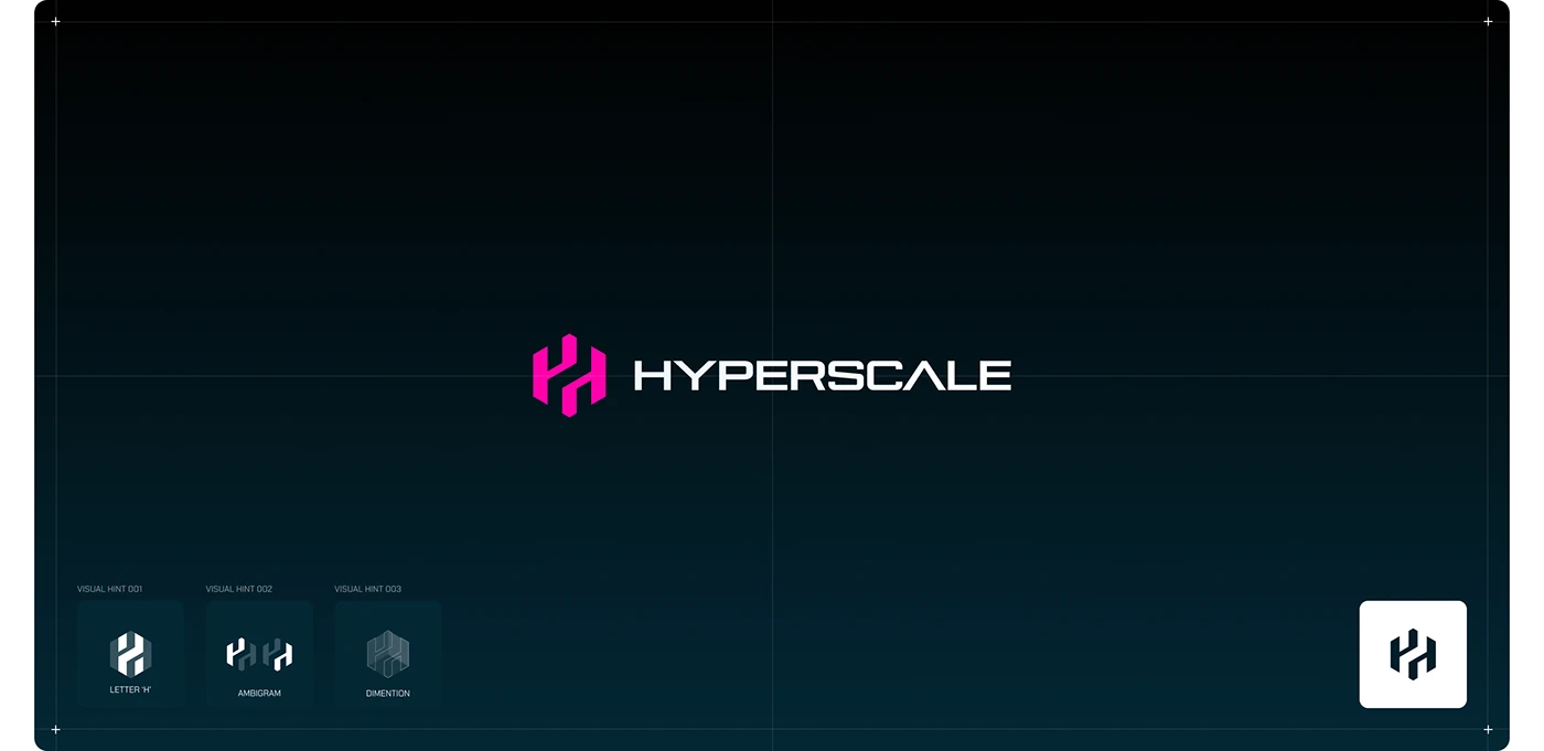 Hyperscale logo board showing the magenta H symbol, dimensional construction and wordmark on navy