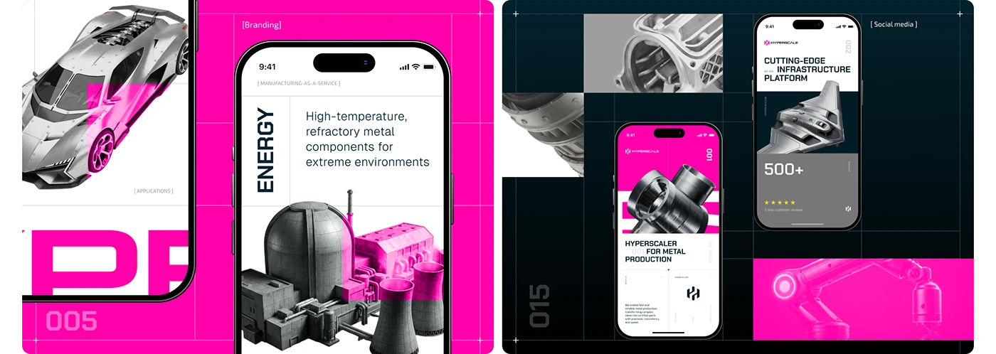 Hyperscale mobile website and social media mockups using metal component photography and the shared identity