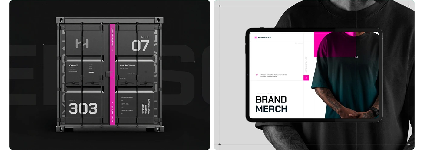 Hyperscale shipping container branding beside a tablet showing a branded clothing mockup