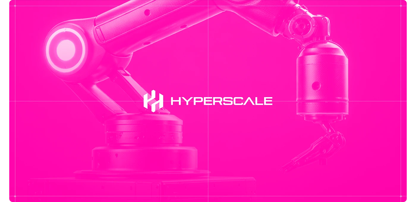 Hyperscale robot-arm brand composition with a white wordmark and fine construction grid on magenta