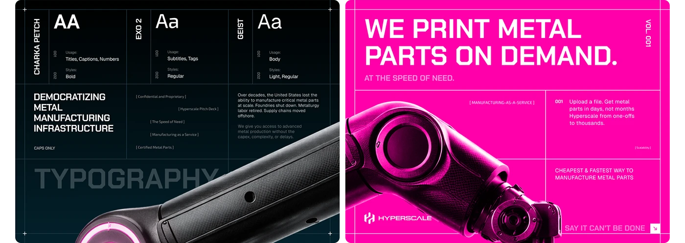 Hyperscale typography board beside an industrial advertising mockup with a robot arm on magenta
