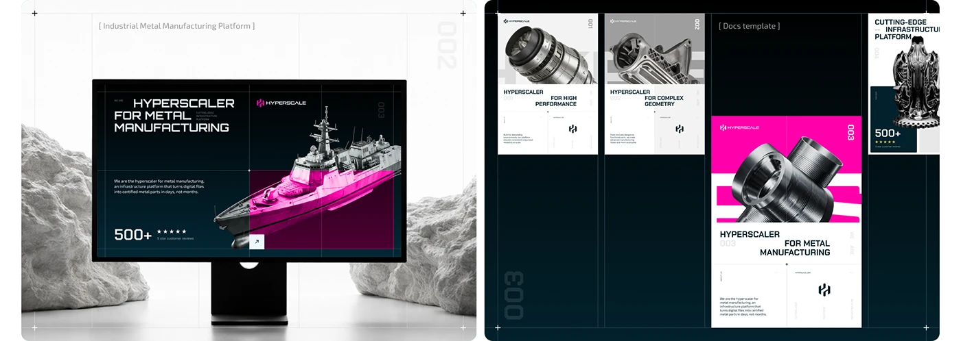 Hyperscale desktop website mockup beside document and page layout examples for metal manufacturing
