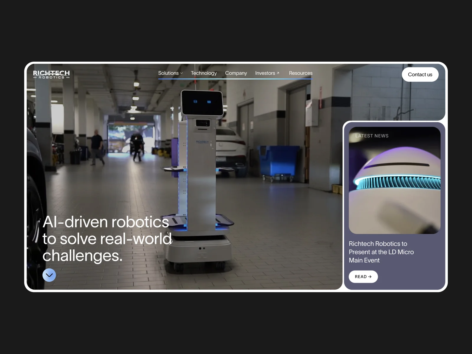 Richtech Robotics website presentation with a robot in a working interior and a separate company news panel
