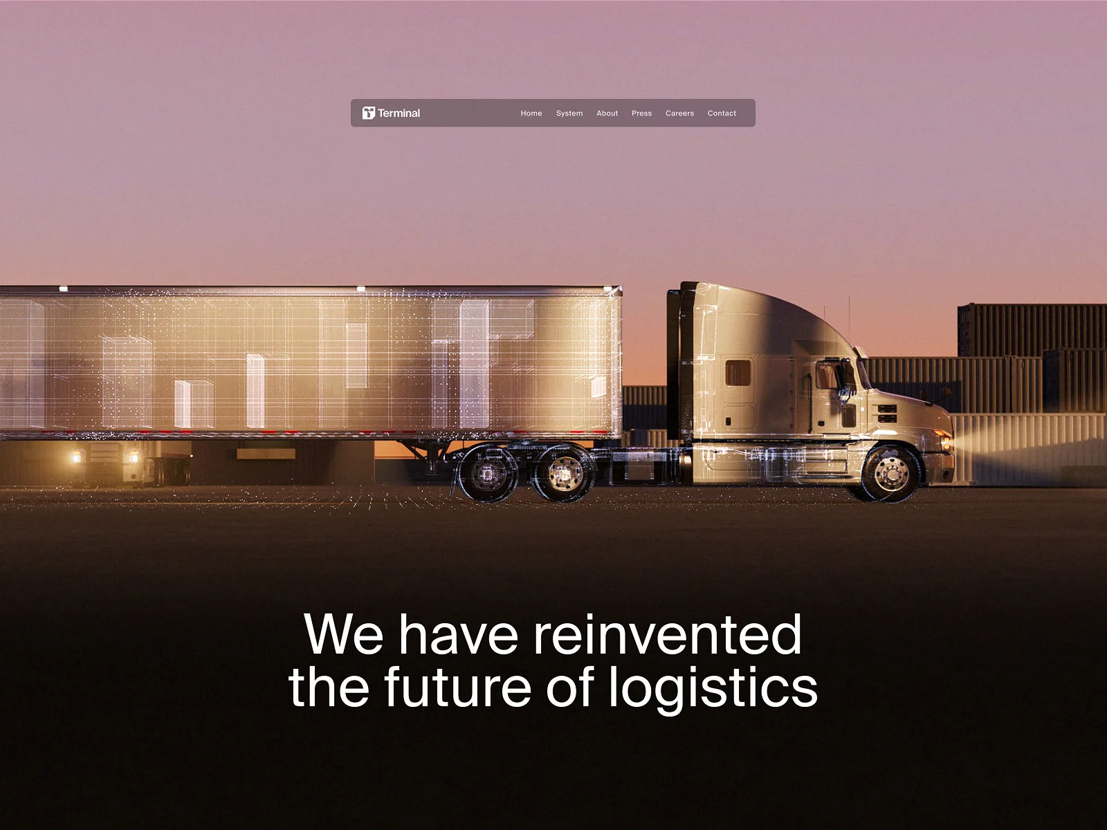Terminal Industries website presentation with a tractor-trailer at sunset and a white digital wireframe overlay