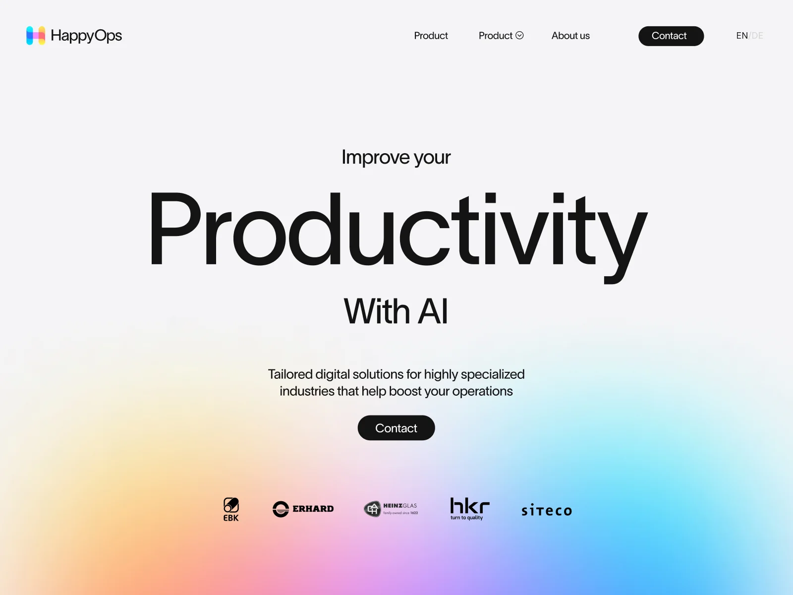 HappyOps website presentation with a large productivity headline, short introduction, contact button and soft colour gradient