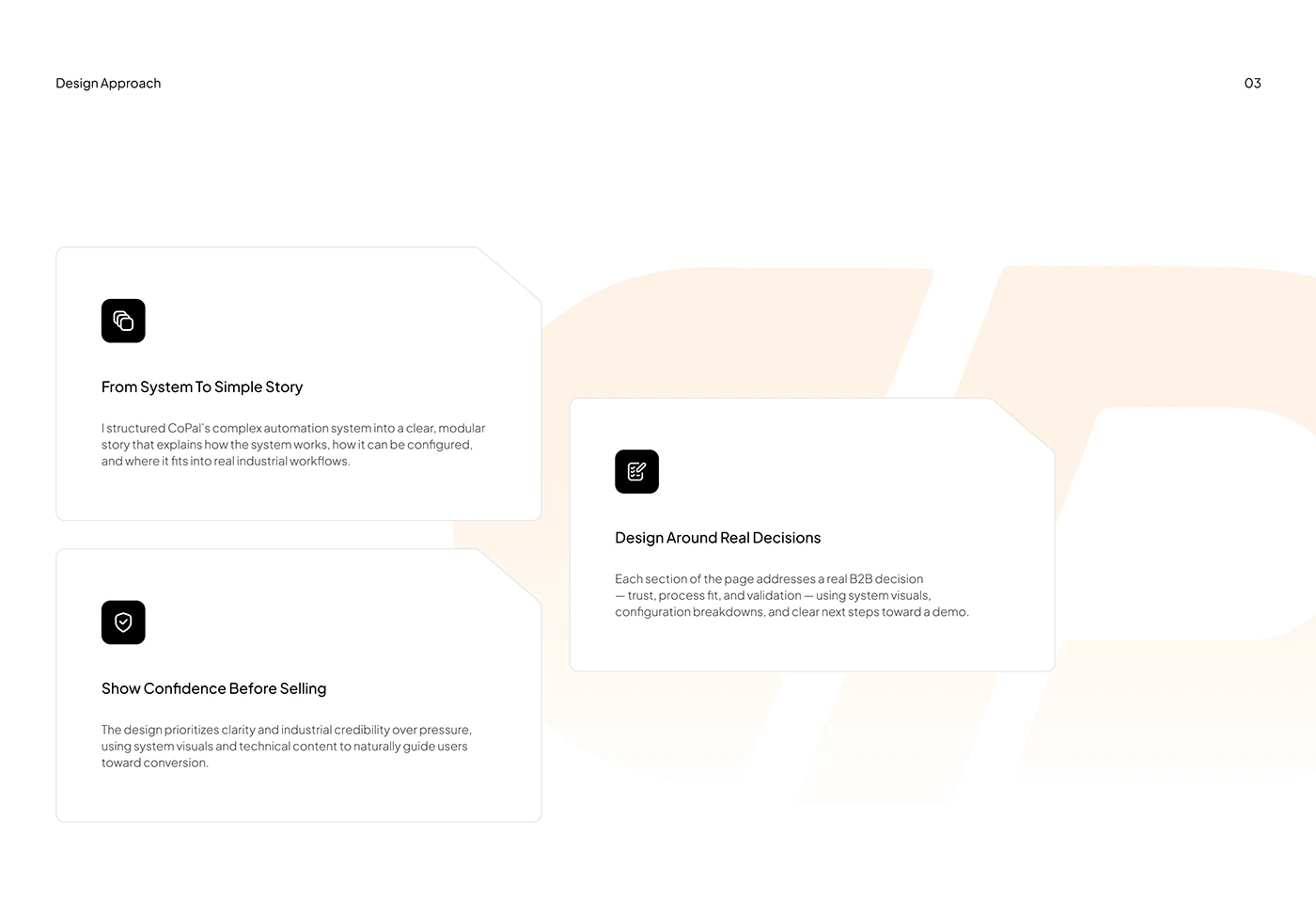 CoPal design approach board with three cards explaining product storytelling, decisions and confidence