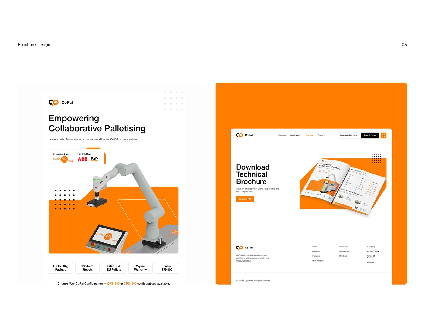CoPal technical brochure mockup beside a matching website download page with orange product graphics