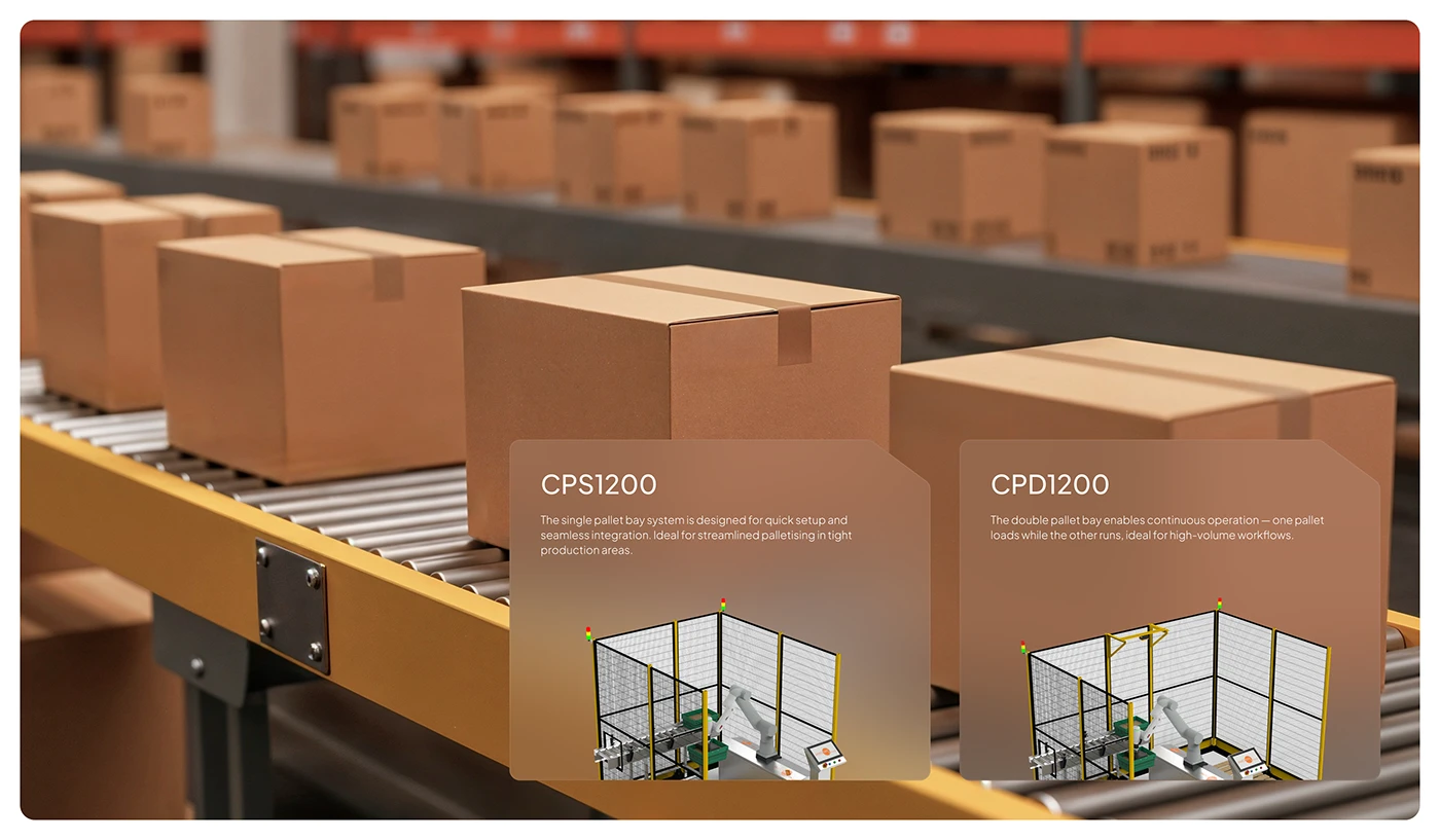 CoPal configuration cards for two palletising installations over a conveyor-line image