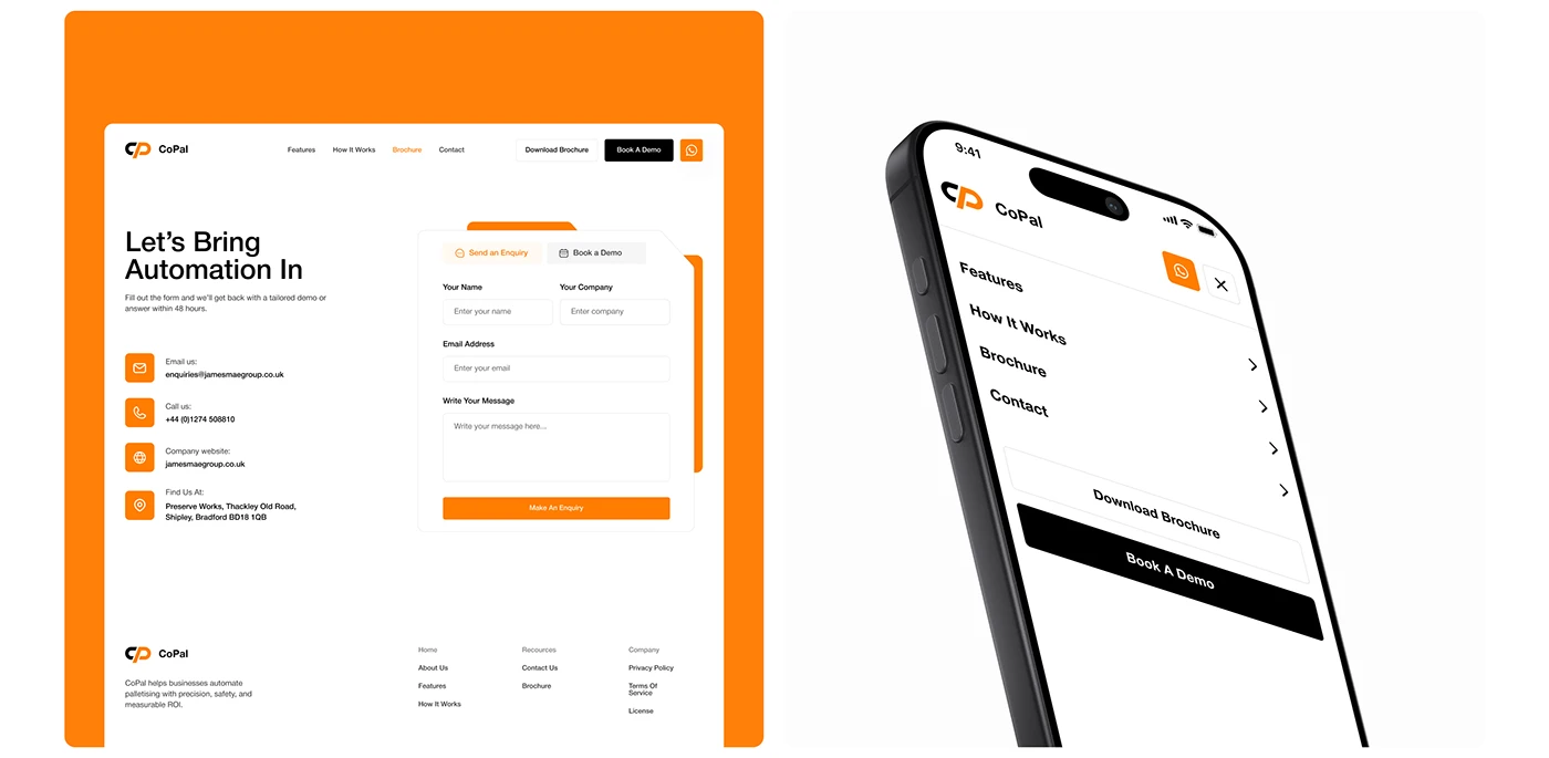 CoPal enquiry layout beside mobile navigation with brochure download and demonstration actions