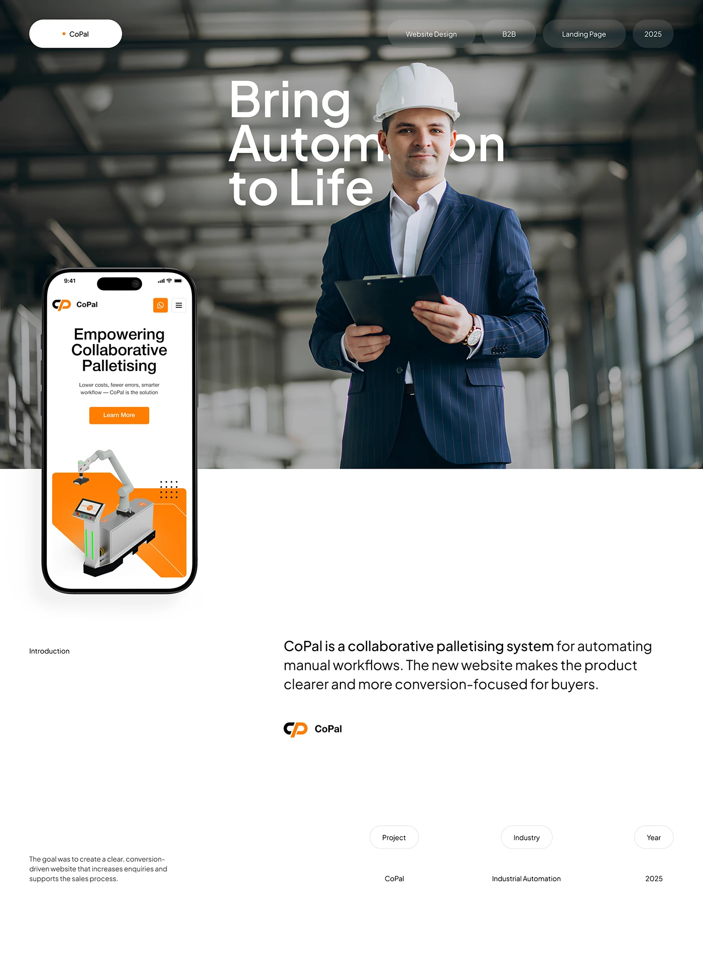 CoPal Behance cover presentation combining a human subject and phone mockup with a palletising robot