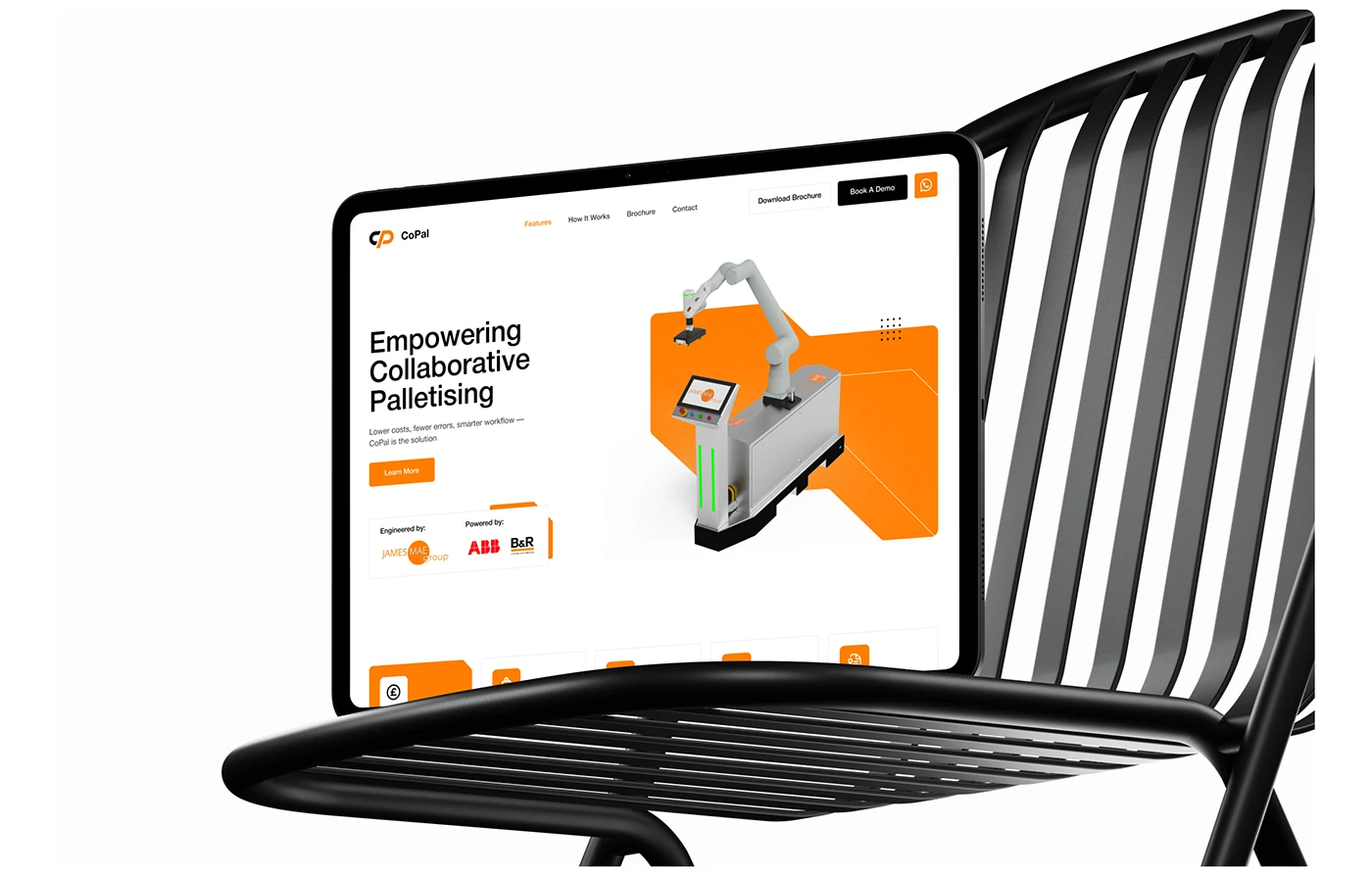 CoPal tablet mockup showing a palletising robot over an orange shape beside a clear product proposition